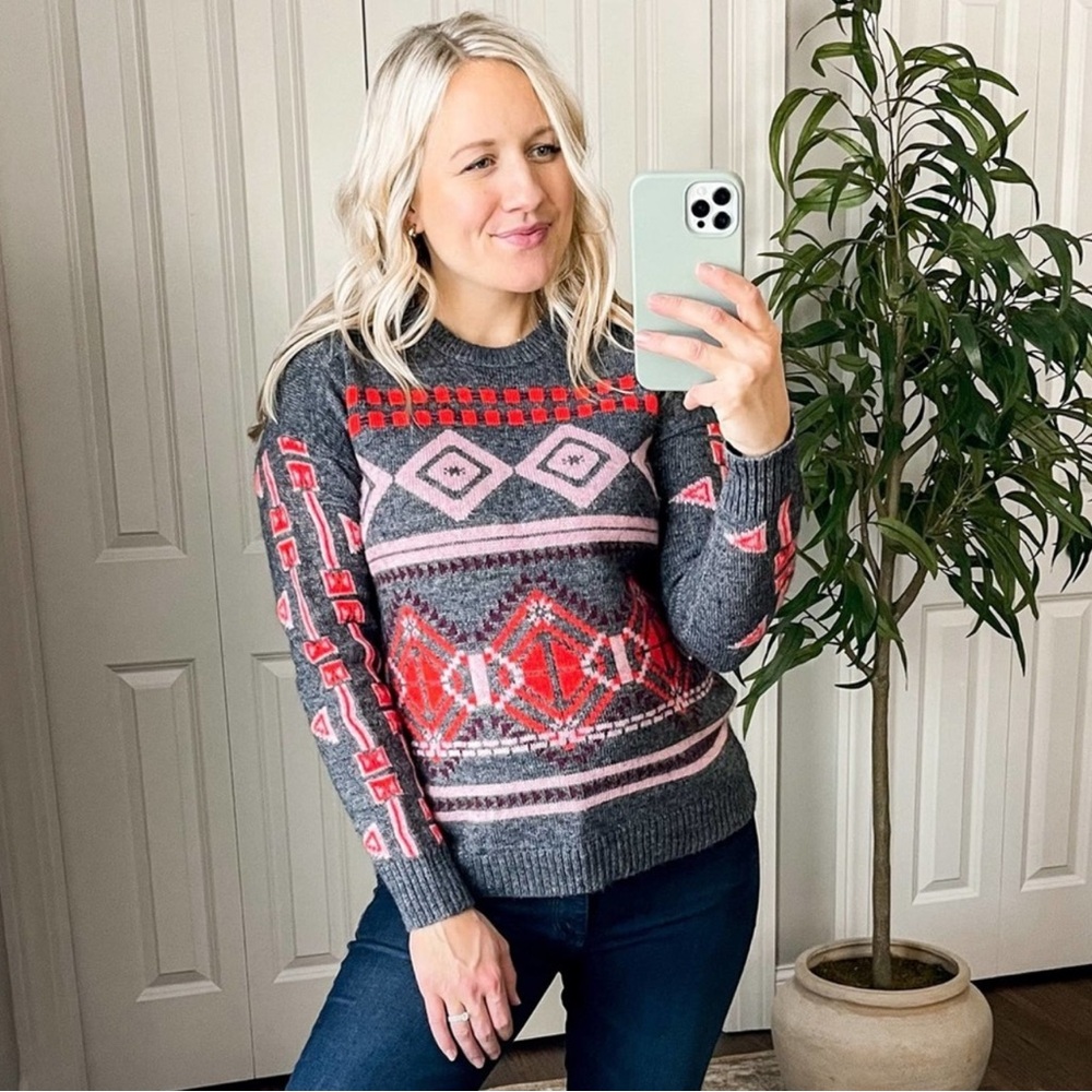 J Crew | Abstract Mohair Fair Isle Diamond Grey Red Crew Neck Sweater Size Small